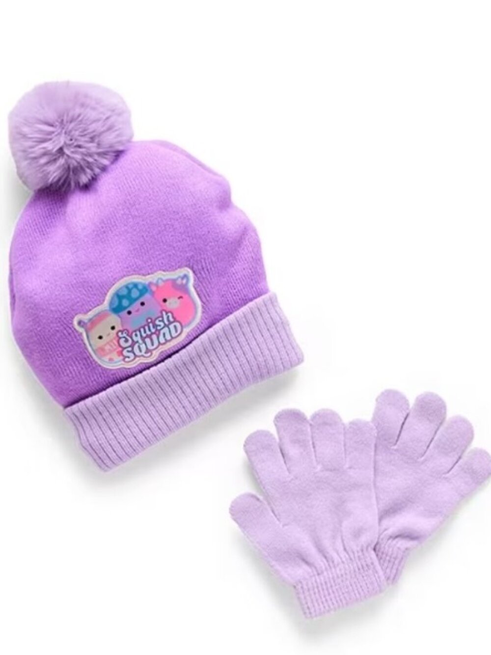 Girls Squishmallows "SQUISH SQUAD" Pom Pom Beanie & Gloves 2-Piece Set NIP